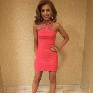 homecoming sherri hill pink bandage dress